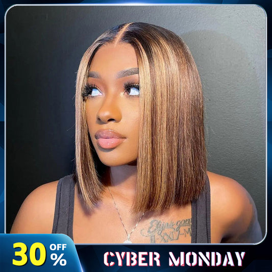 P4/27 12 inch 6x2 HD BOBO  Front Lace  Human Hair Wig 99J Nature Black