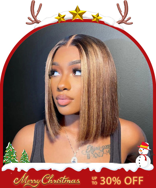 P4/27 12 inch 6x2 HD BOBO  Front Lace  Human Hair Wig 99J Nature Black