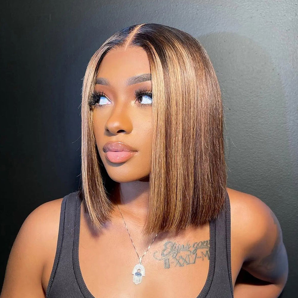 P4/27 12 inch 2x6 HD BOB  Front Lace  Human Hair Wig 99J Nature Black 200% Density