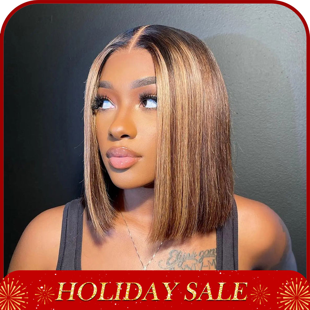 P4/27 12 inch 6x2 HD BOB  Front Lace  Human Hair Wig 99J Nature Black