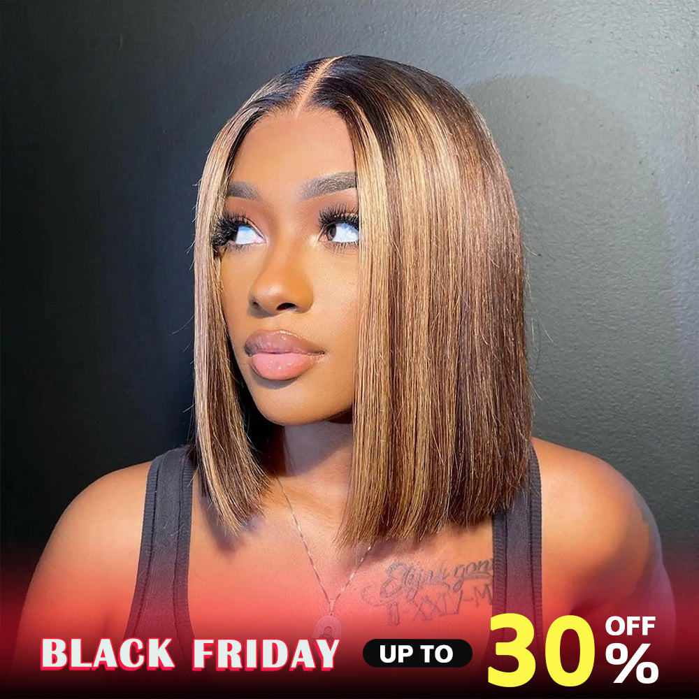 P4/27 12 inch 6x2 HD BOBO  Front Lace  Human Hair Wig 99J Nature Black