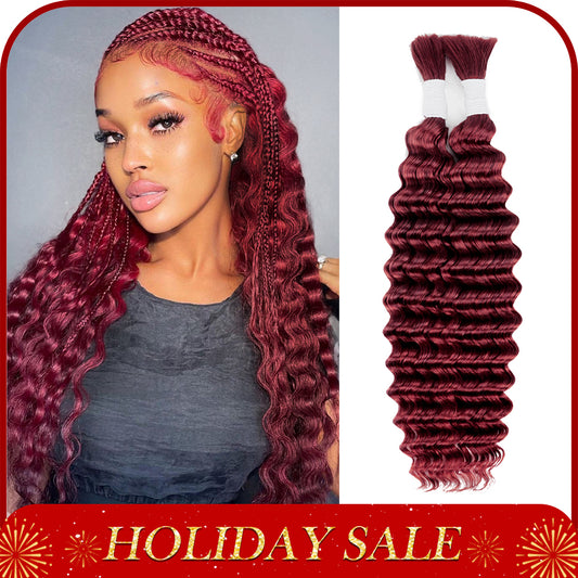 Human Braiding Hair for Boho Braids 2 Bundles 100g Deep Wave Bulk Human Hair 100% Unprocessed 12A Brazilian Virgin Burgundy Color No Weft Hair Extensions for Boho Knotless Braids Hair 14-28 Inch (#99J)