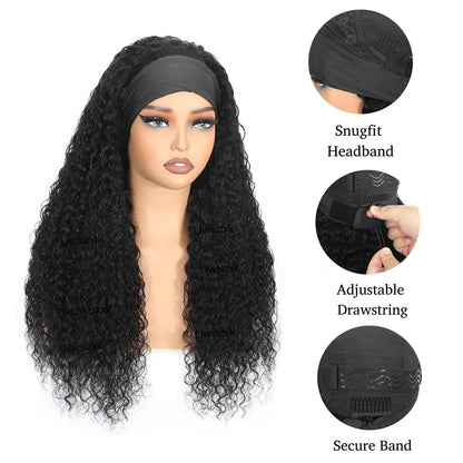 12-28 inch Water Wave Drawstring Headband Wig 100% Human Hair 220% Density