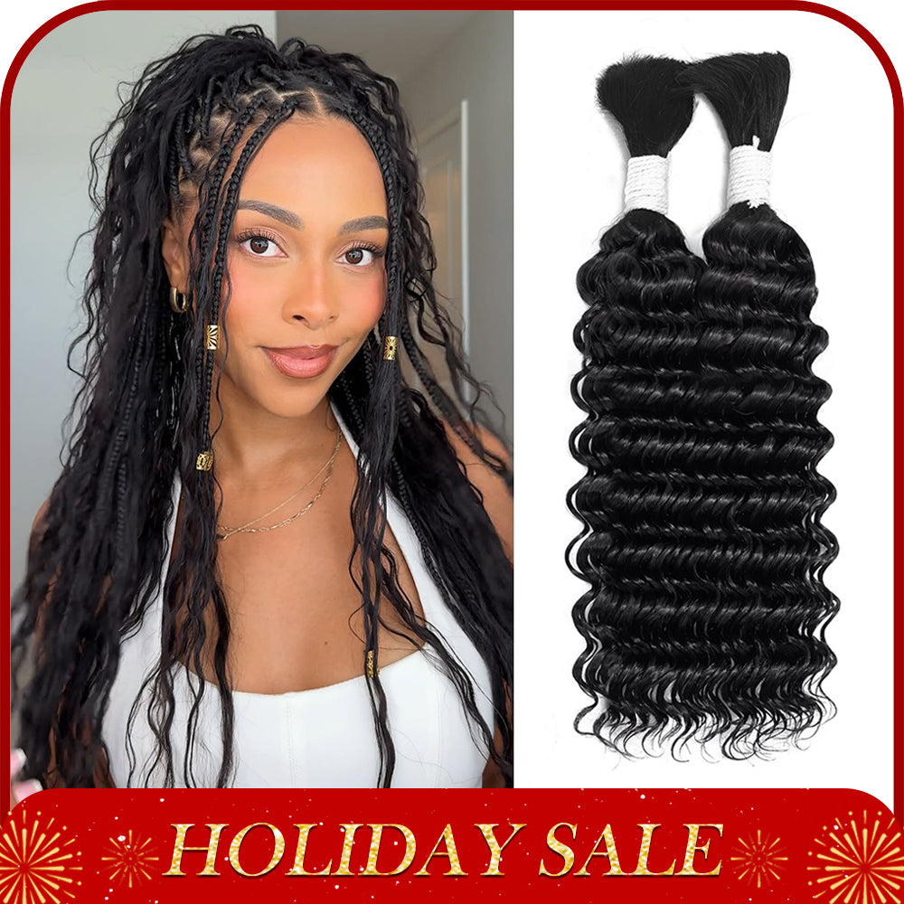 Human Braiding Hair for Boho Braids 100g 26 Inch Deep Wave Bulk Human Hair 100% Unprocessed 12A Brazilian Virgin Boho Hair for Braiding Knotless 2 Bundles/Pack Natural Color