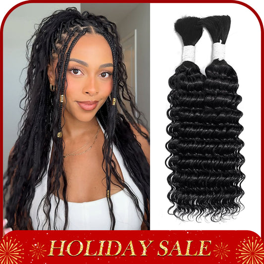 Human Braiding Hair for Boho Braids 100g 26 Inch Deep Wave Bulk Human Hair 100% Unprocessed 12A Brazilian Virgin Boho Hair for Braiding Knotless 2 Bundles/Pack Natural Color