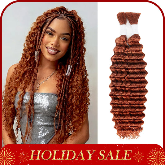 Human Braiding Hair for Boho Braids 2 Bundles 100g Deep Wave Bulk Human Hair 100% Unprocessed 12A Brazilian Virgin Ginger Color No Weft Hair Extensions for Boho Knotless Braids Hair 14-28 Inch (#350)