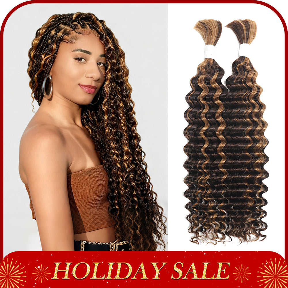 Human Braiding Hair for Boho Knotless Braids 2 Bundles 100g 18 Inch 12A Brazilian Virgin Highlight Balayage 4/30 Color Deep Wave Bulk Human Hair No Weft Boho Hair for Braiding