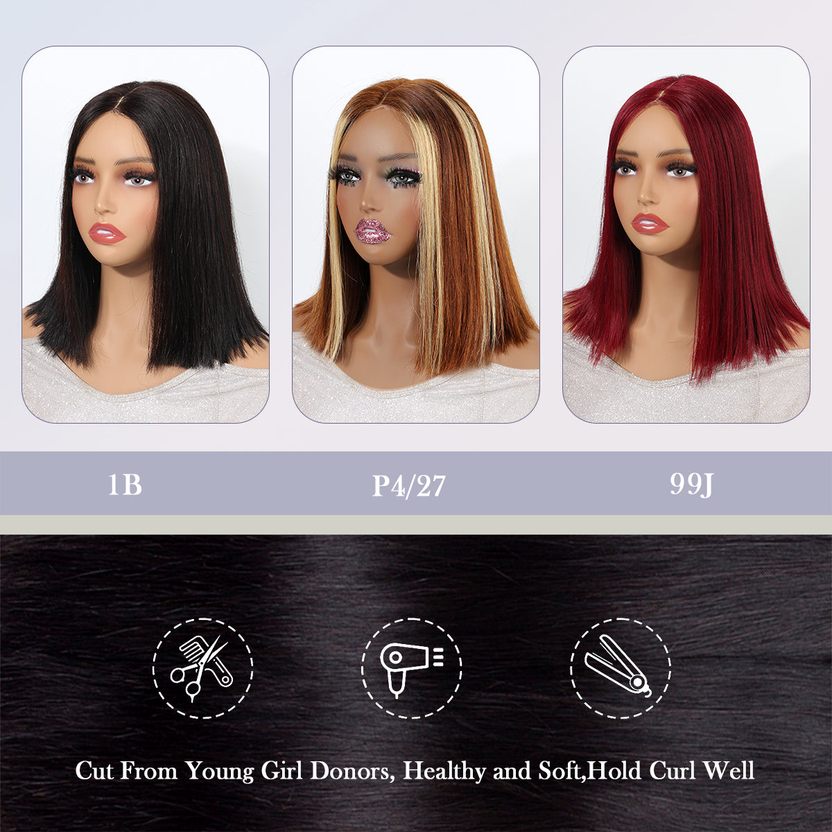 P4/27 12 inch 6x2 HD BOBO  Front Lace  Human Hair Wig 99J Nature Black