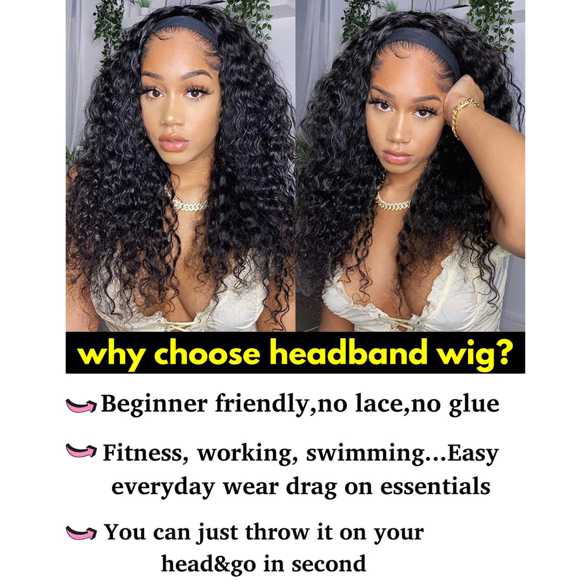 12-28 inch Water Wave Drawstring Headband Wig 100% Human Hair 220% Density