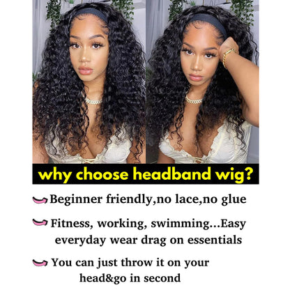 12-28 inch Water Wave Drawstring Headband Wig 100% Human Hair 220% Density