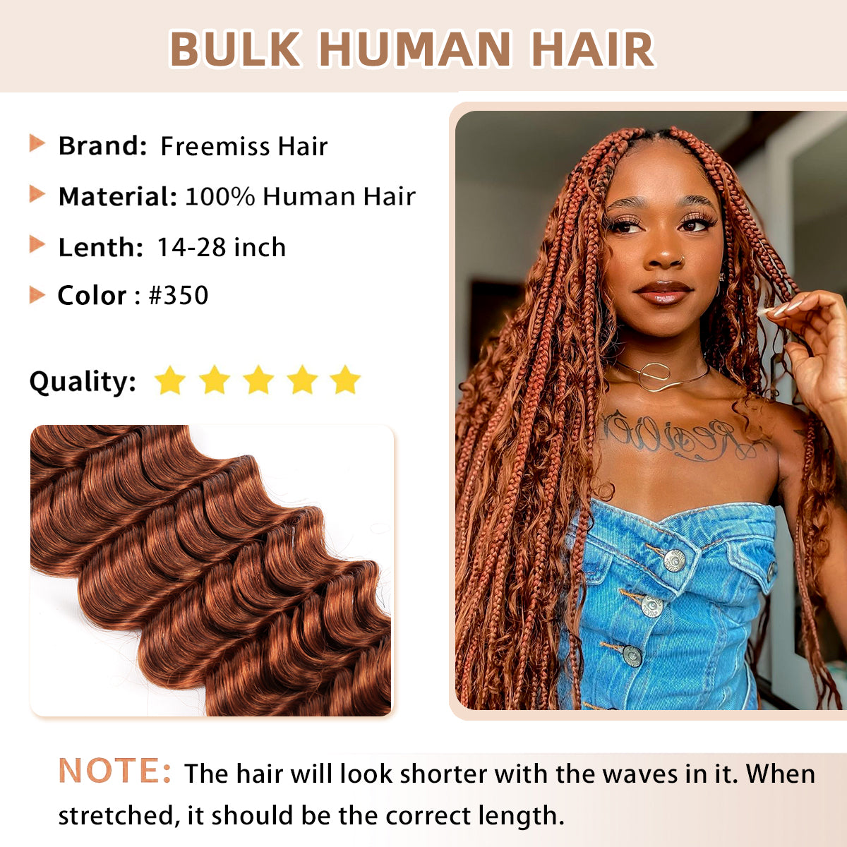 14-28 Inch Deep Wave Braiding Human Hair (#350)