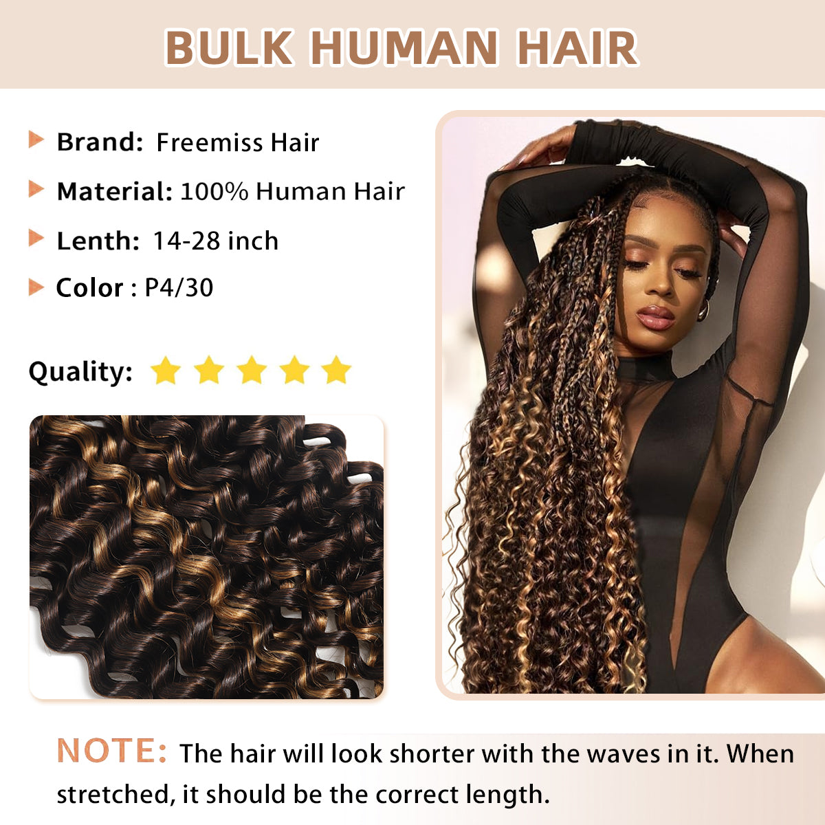 Human Braiding Hair for Boho Knotless Braids 2 Bundles 100g 18 Inch 12A Brazilian Virgin Highlight Balayage 4/30 Color Water Wave Bulk Human Hair No Weft Boho Hair for Braiding