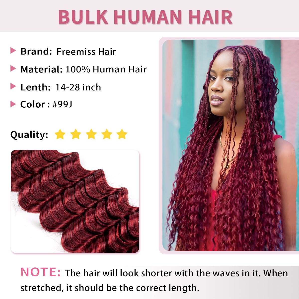 Human Braiding Hair for Boho Braids 2 Bundles 100g Deep Wave Bulk Human Hair 100% Unprocessed 12A Brazilian Virgin Burgundy Color No Weft Hair Extensions for Boho Knotless Braids Hair 14-28 Inch (#99J)