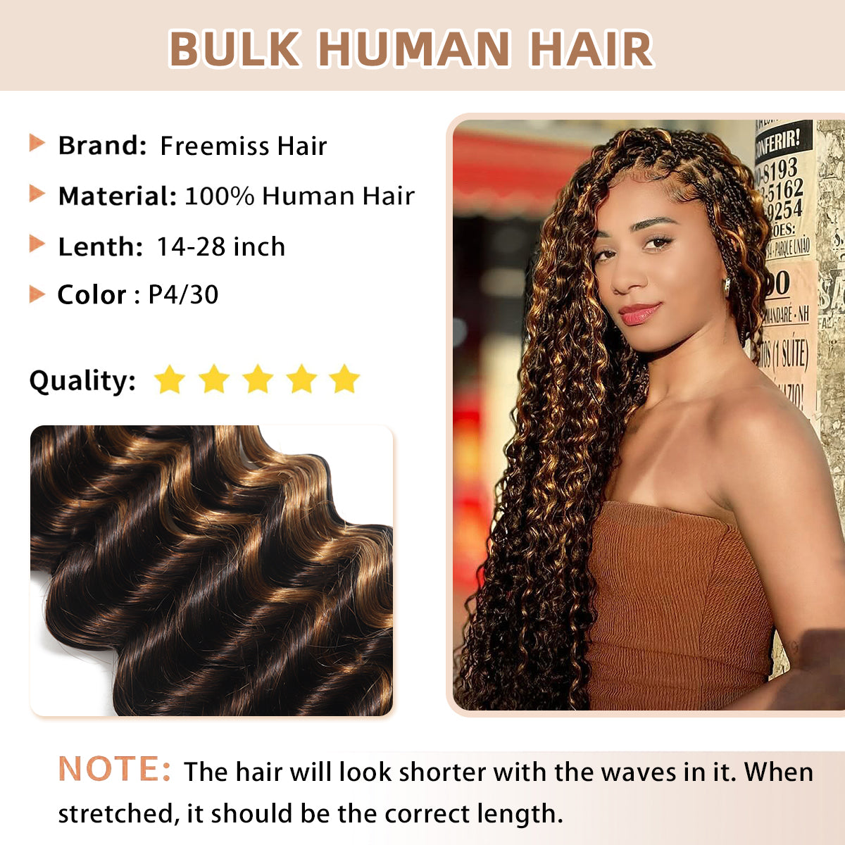 Human Braiding Hair for Boho Knotless Braids 2 Bundles 100g 18 Inch 12A Brazilian Virgin Highlight Balayage 4/30 Color Deep Wave Bulk Human Hair No Weft Boho Hair for Braiding