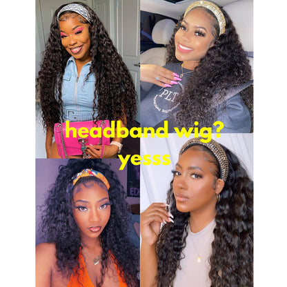 12-28 inch Water Wave Drawstring Headband Wig 100% Human Hair 220% Density