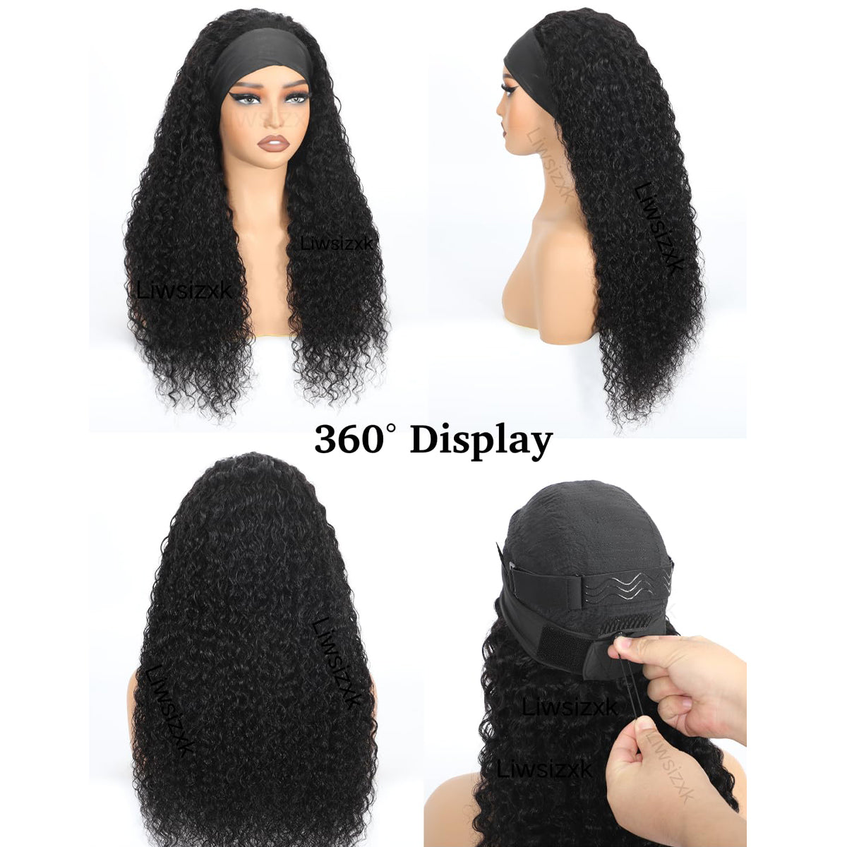 12-28 inch Water Wave Drawstring Headband Wig 100% Human Hair 220% Density