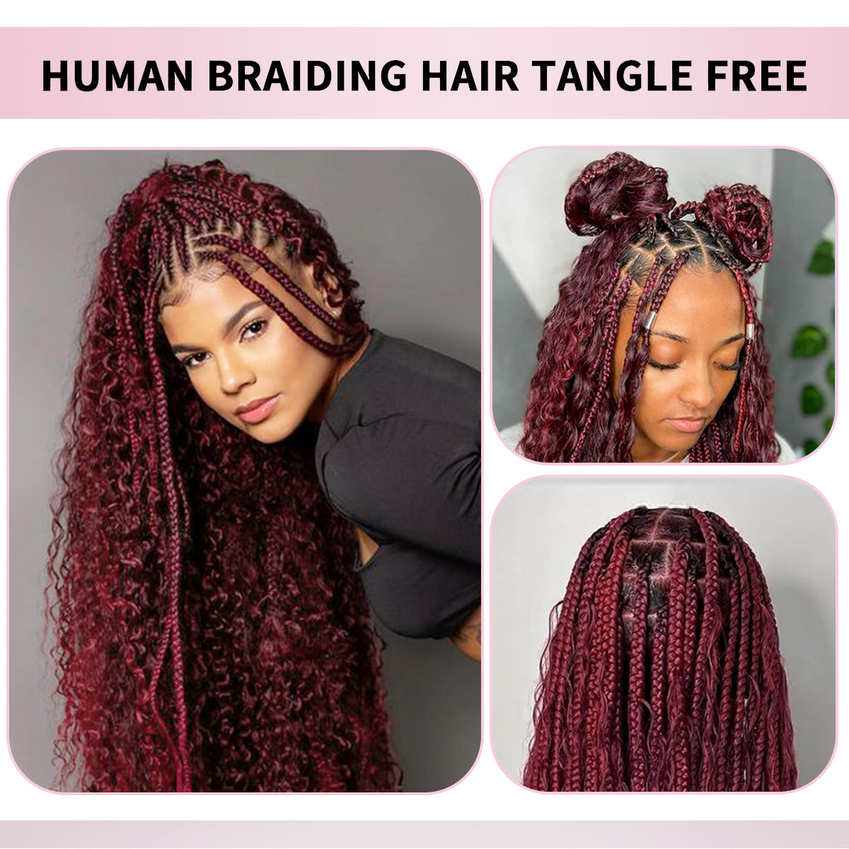 Human Braiding Hair for Boho Braids 2 Bundles 100g Deep Wave Bulk Human Hair 100% Unprocessed 12A Brazilian Virgin Burgundy Color No Weft Hair Extensions for Boho Knotless Braids Hair 14-28 Inch (#99J)