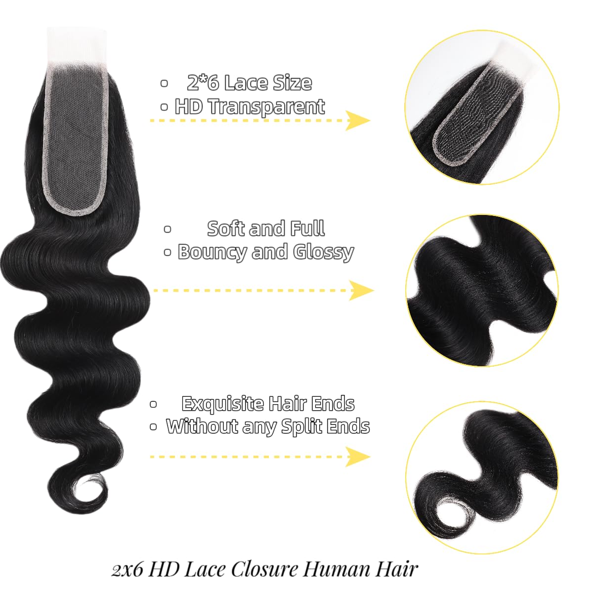 100% Human Hair 8-24inch 6X2 HD Lace Closure