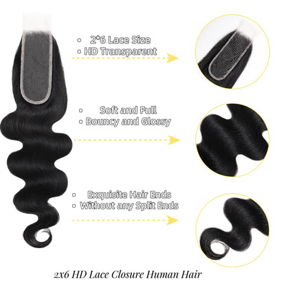2x6 Transparent HD Lace Closure Body Wave Human Hair Natural Color