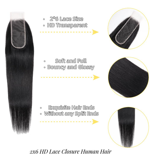 2x6 transparent HD Lace Closure Straight Human Hair 100% Brazilian Virgin Unprocessed Natural Color