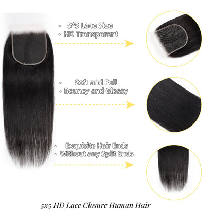 5x5 HD Lace Closure Straight Transparent HD Lace Closure 12A Brazilian Virgin Human Hair