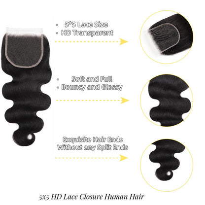 5x5 Transparent HD Lace Closure Human Hair Body Wave 12A Brazilian Virgin Human Hair Natural Color 8-22 Inch