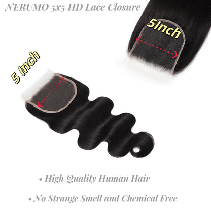 5x5 Transparent HD Lace Closure Human Hair Body Wave 12A Brazilian Virgin Human Hair Natural Color 8-22 Inch