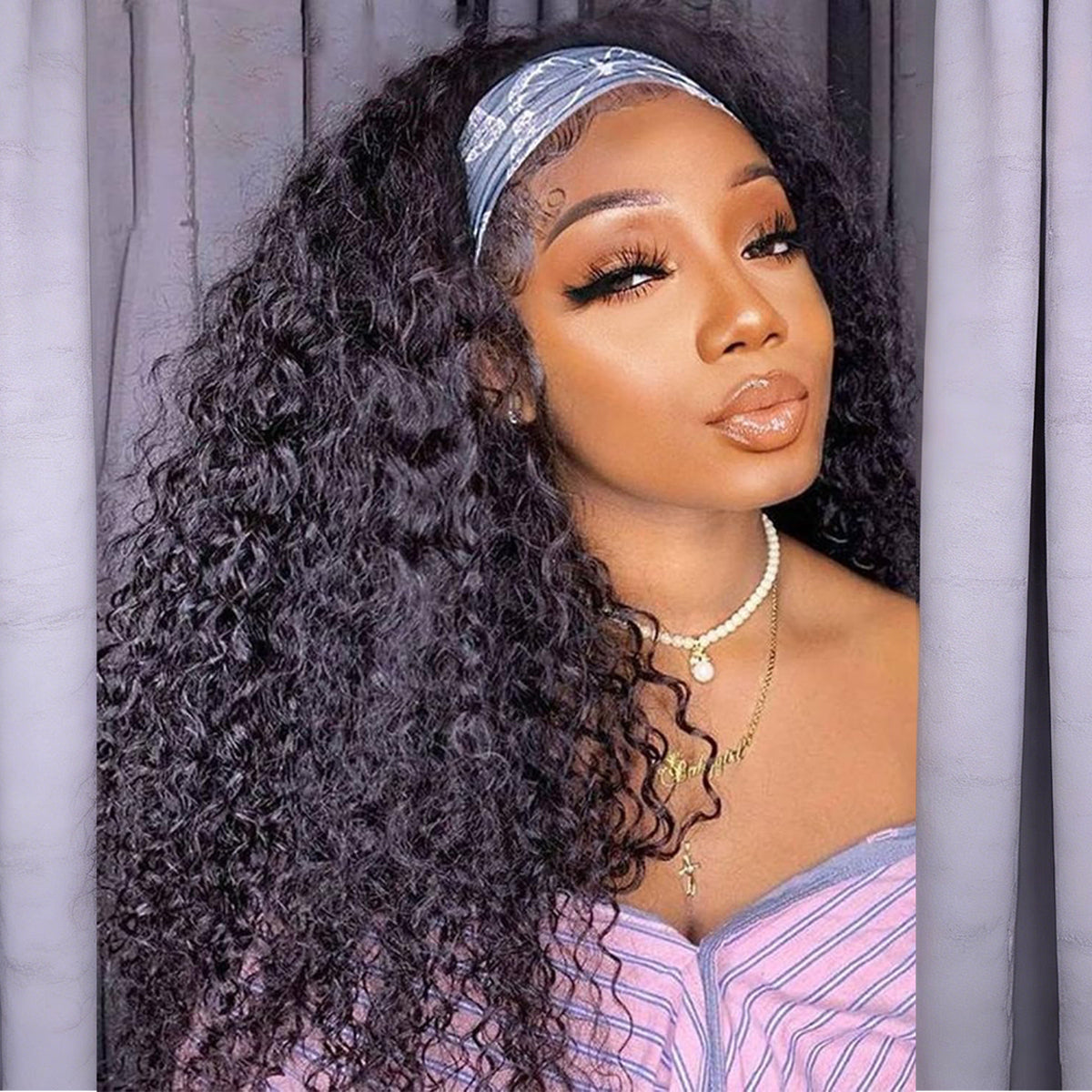 12-28 inch Water Wave Drawstring Headband Wig 100% Human Hair 220% Density