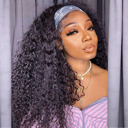 12-28 inch Water Wave Drawstring Headband Wig 100% Human Hair 220% Density