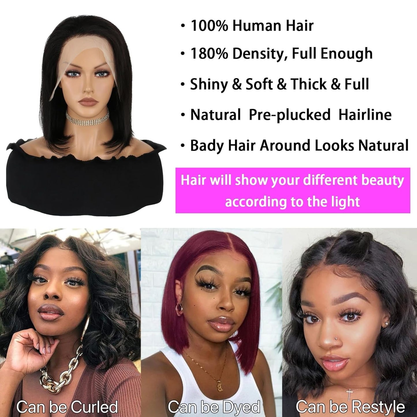 8-16 Inch Bob Lace Front Wigs Human Hair Pre Plucked 13x4 HD Transparent Lace Frontal Wigs for Women 180% Density Glueless with Baby Hair Brazilian Virgin Human Hair Natural Color