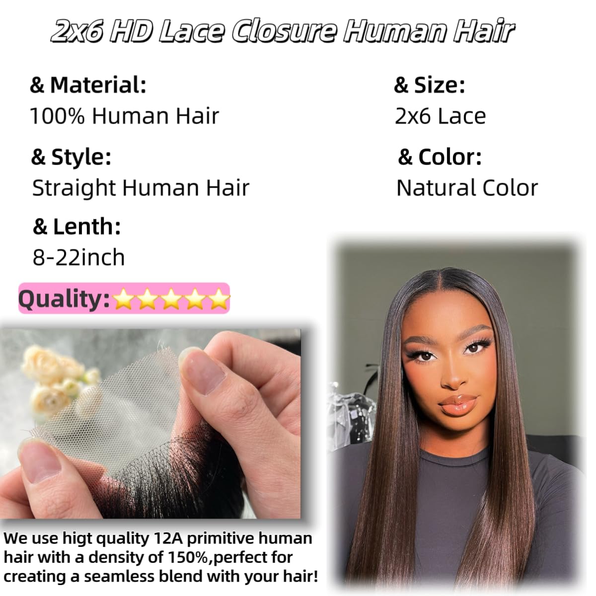2x6 HD Lace Closure Straight Human Hair 8-22 inch