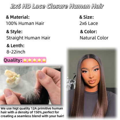 2x6 transparent HD Lace Closure Straight Human Hair 100% Brazilian Virgin Unprocessed Natural Color