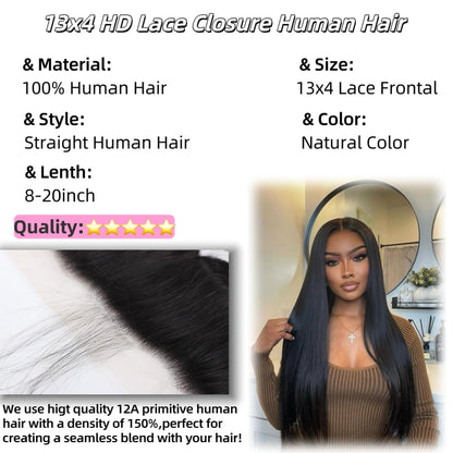 13x4 Transparent HD Lace Frontal Closure Straight Human Hair 150% Density  (8-20 Inch Natural Color)