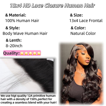 13x4 Transparent HD Lace Frontal Closure Body Wave Human Hair 150% Density Human Hair Pre Plucked with Baby Hair Natural Color