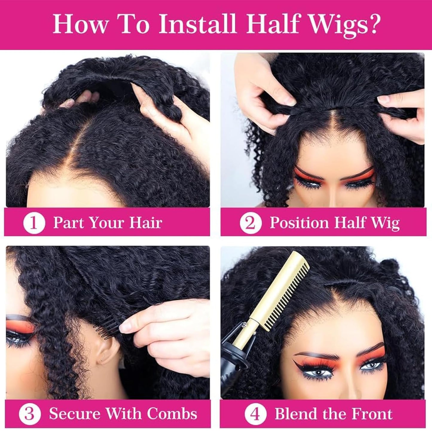 3 In 1 Half Wig  100% Kinky Curly Human Hair 200% Density  14-28 inch