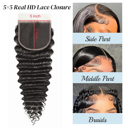 5x5 Deep Wave HD Lace Closure 100% Human Hair 12-20inch