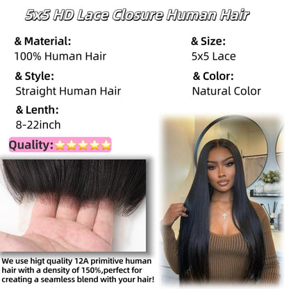 5x5 HD Lace Closure Straight Transparent HD Lace Closure 12A Brazilian Virgin Human Hair