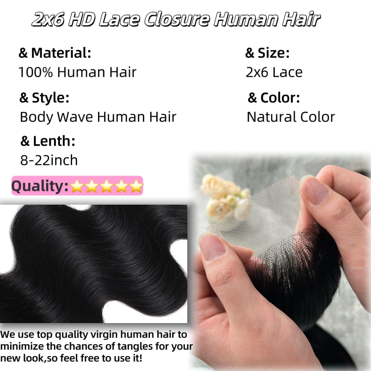 2x6 HD Lace Closure Body Wave Human Hair Transparent 2 by 6 HD Lace Closure 20Inch 100% Brazilian Virgin Unprocessed Middle Part Human Hair Kim K Closure With Baby Hair Natural Color