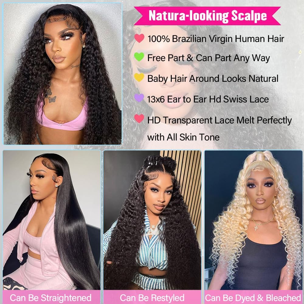 20-32 Inch 13x6 Deep Wave Lace Front Wigs Human Hair 200% Density HD Lace Front Wigs Human Hair Pre Plucked Natural Color Glueless Wig 100% Virgin Lace Front Wigs for Women