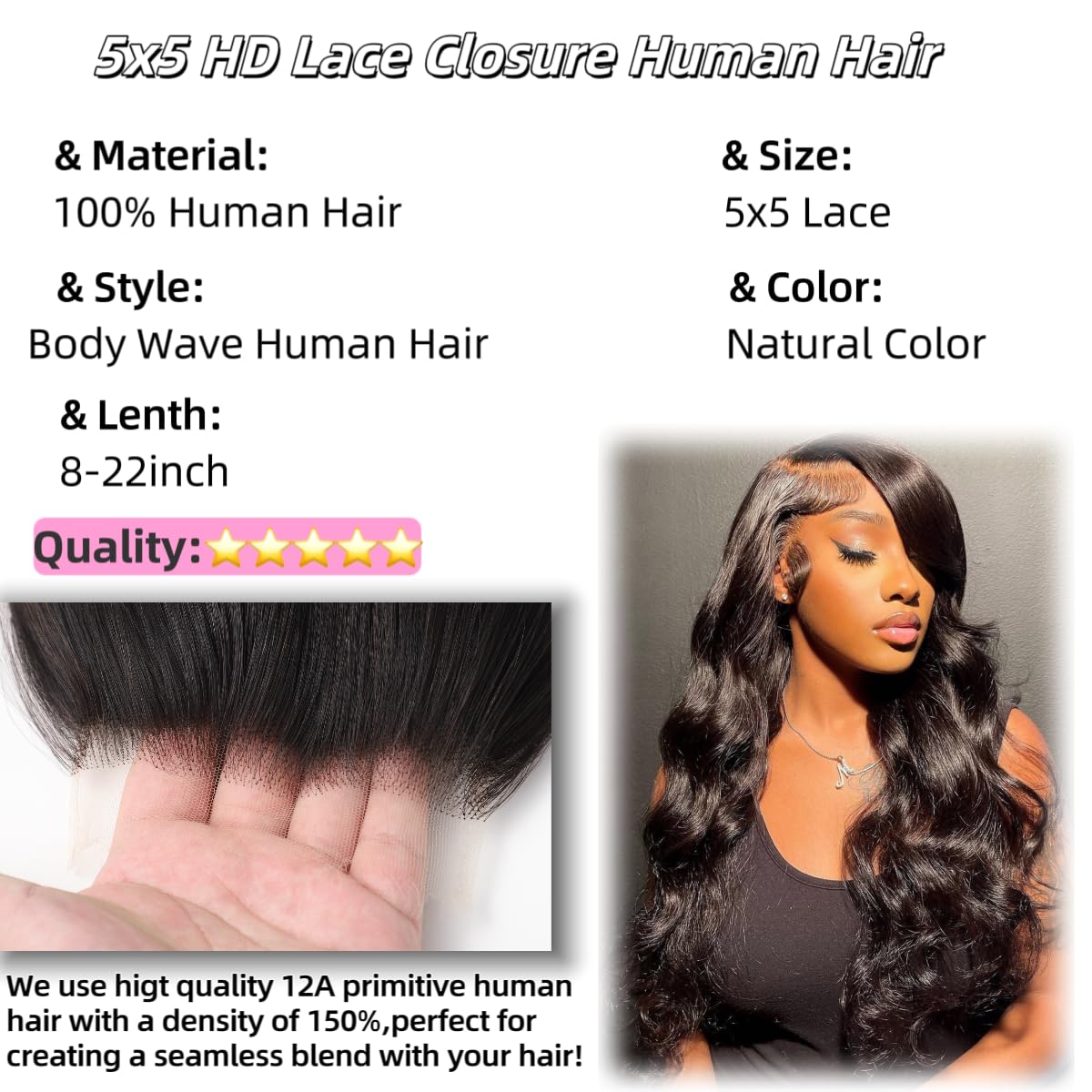 5x5 HD Lace Closure Body Wave Transparent HD Lace Closure Human Hair 12A Brazilian Virgin Human Hair Closure Free Part Pre Plucked with Baby Hair Natural Color 8-22 Inch