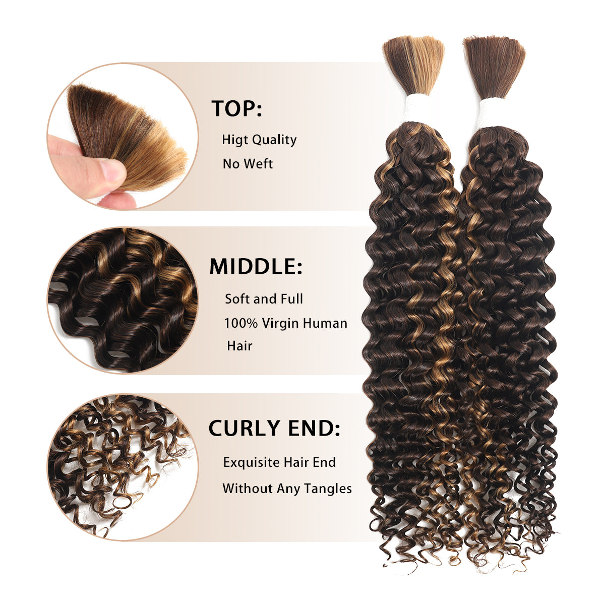 Human Braiding Hair for Boho Knotless Braids 2 Bundles 100g 18 Inch 12A Brazilian Virgin Highlight Balayage 4/30 Color Water Wave Bulk Human Hair No Weft Boho Hair for Braiding