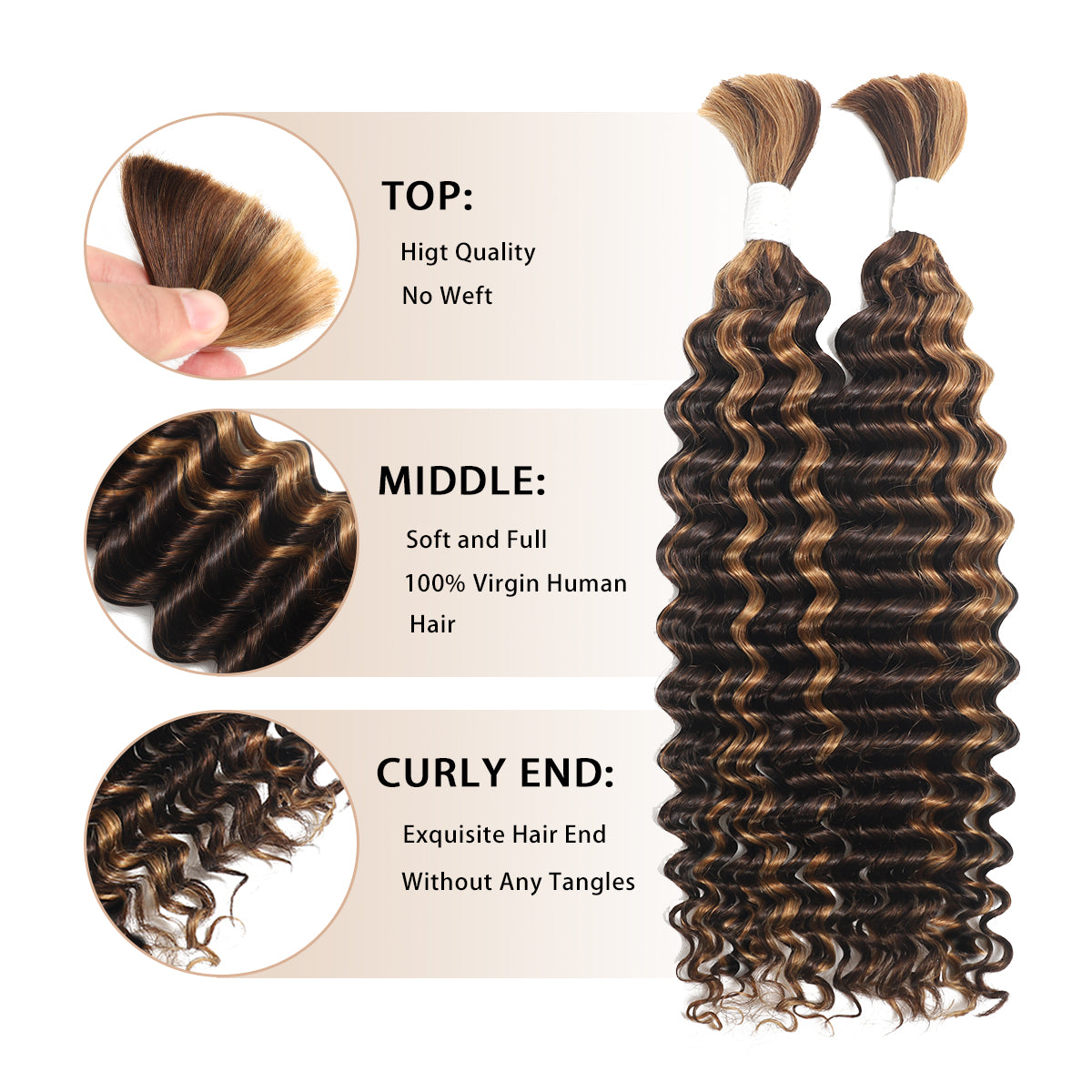 Human Braiding Hair for Boho Knotless Braids 2 Bundles 100g 18 Inch 12A Brazilian Virgin Highlight Balayage 4/30 Color Deep Wave Bulk Human Hair No Weft Boho Hair for Braiding