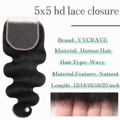 12-20inch 5x5 Real HD Lace Closure Body Wave Human Hair