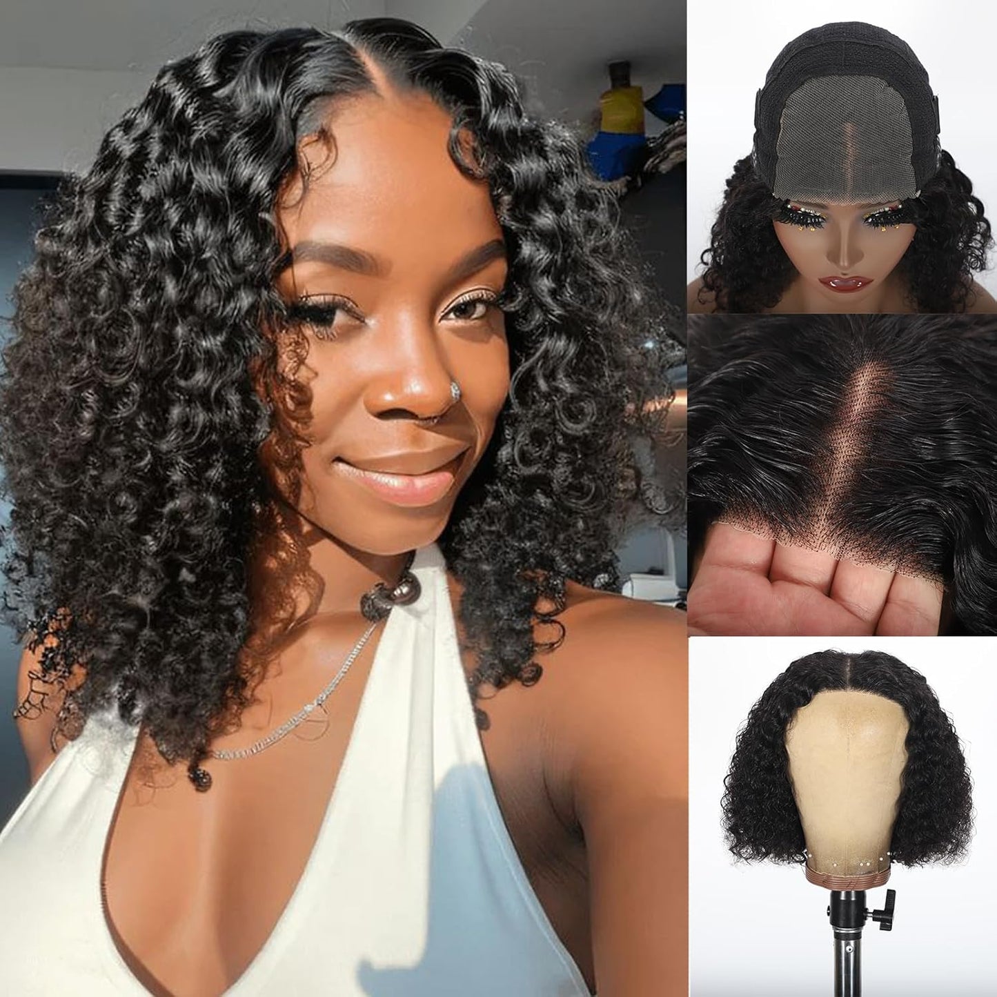 Wear and Go Glueless Wigs Human Hair Pre Plucked Pre Cut for Black Women 4x4 Kinky Curly Bob Wig Human Hair Glueless  200% Density Natural Color 10-16 Inch