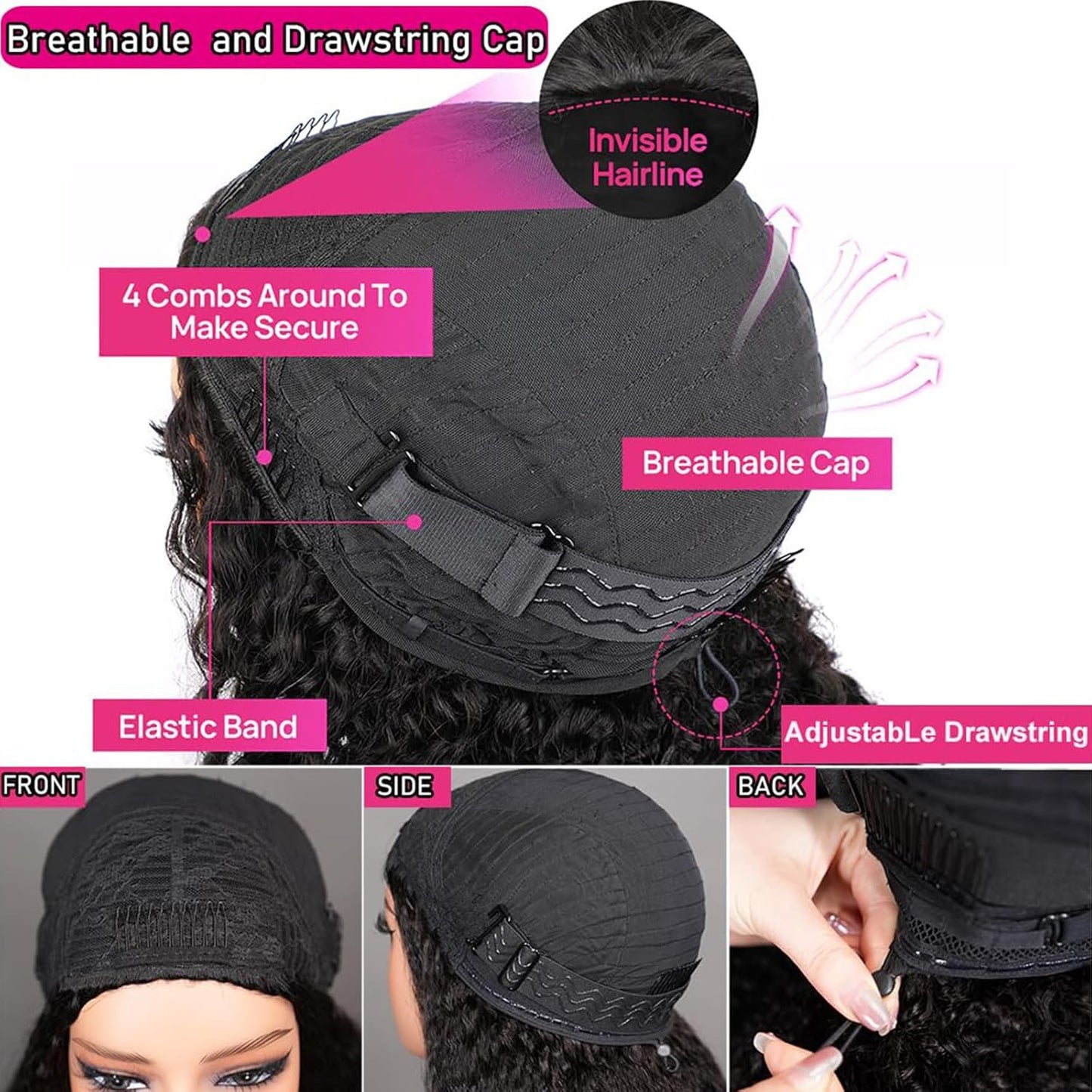 3 In 1 Half Wig  100% Kinky Curly Human Hair 200% Density  14-28 inch