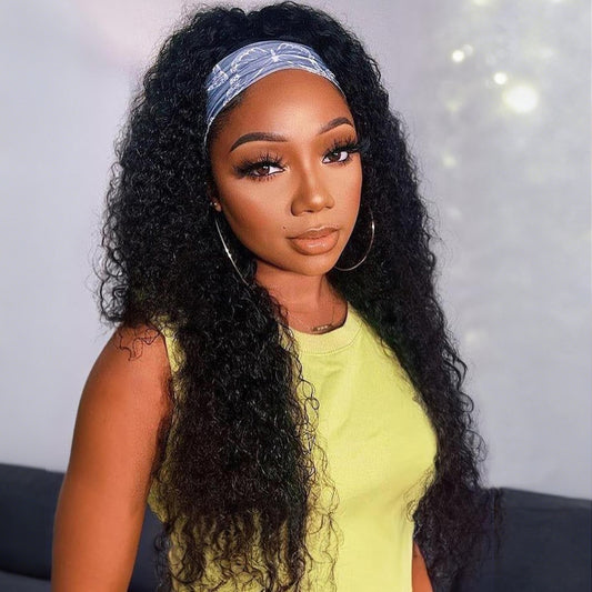 16-28 inch Water Wave Headband Wig Human Hair 220 Density Curly Drawstring Headband Wig Human Hair Wear and Go Glueless Wigs for Black Women Non Lace Front Wigs Natural Color