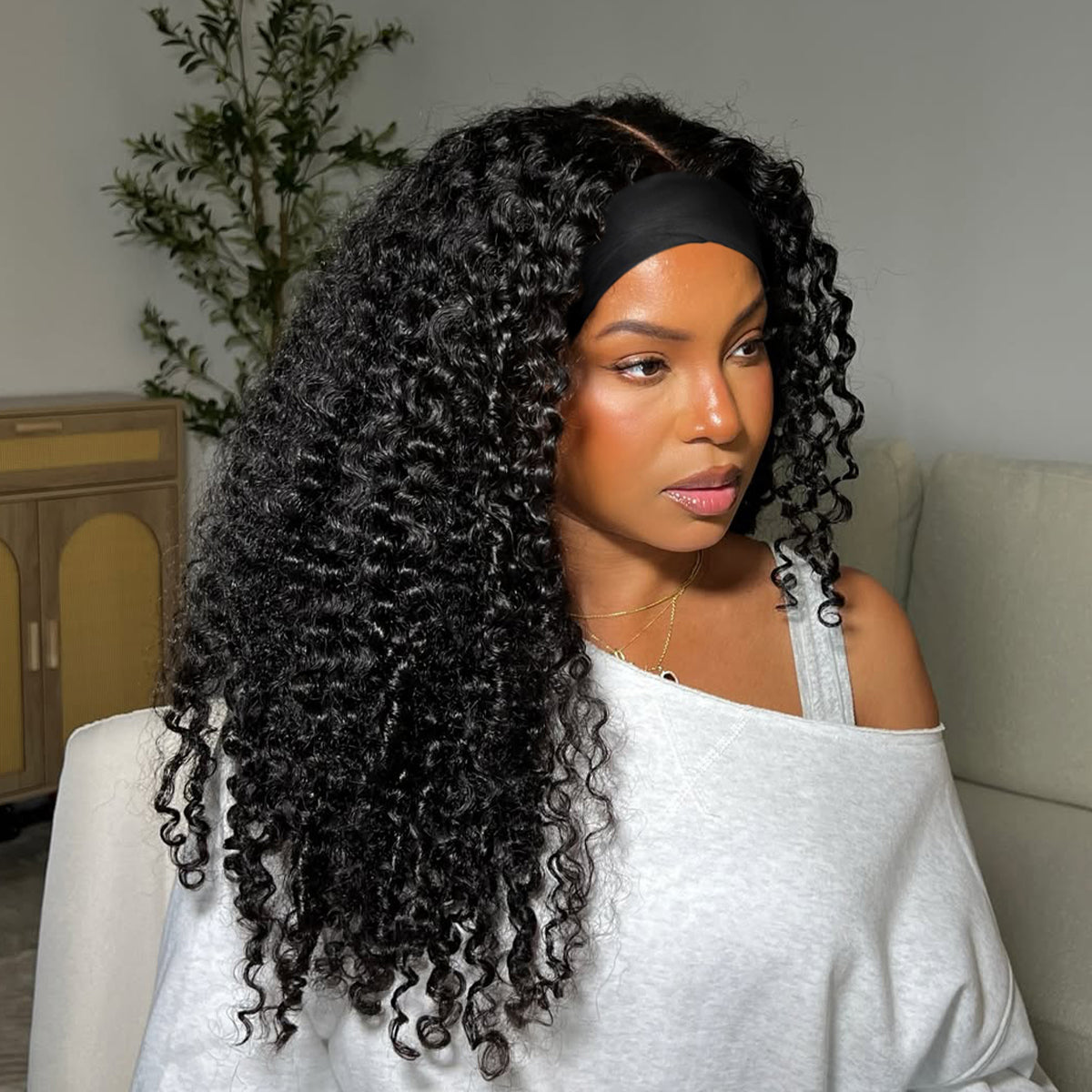 12-28 inch Water Wave Drawstring Headband Wig 100% Human Hair 220% Density