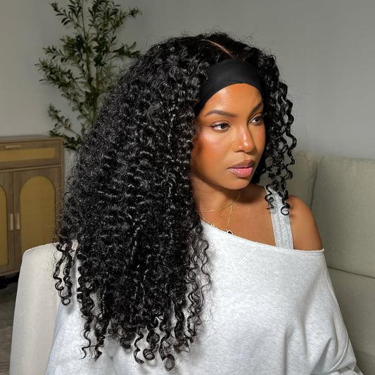 12-28 inch Water Wave Drawstring Headband Wig 100% Human Hair 220 Density
