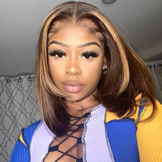New Highlight Chocolate Color 13x4 Lace Frontal Wig Short Blunt Cut Bob Human Hair Wigs